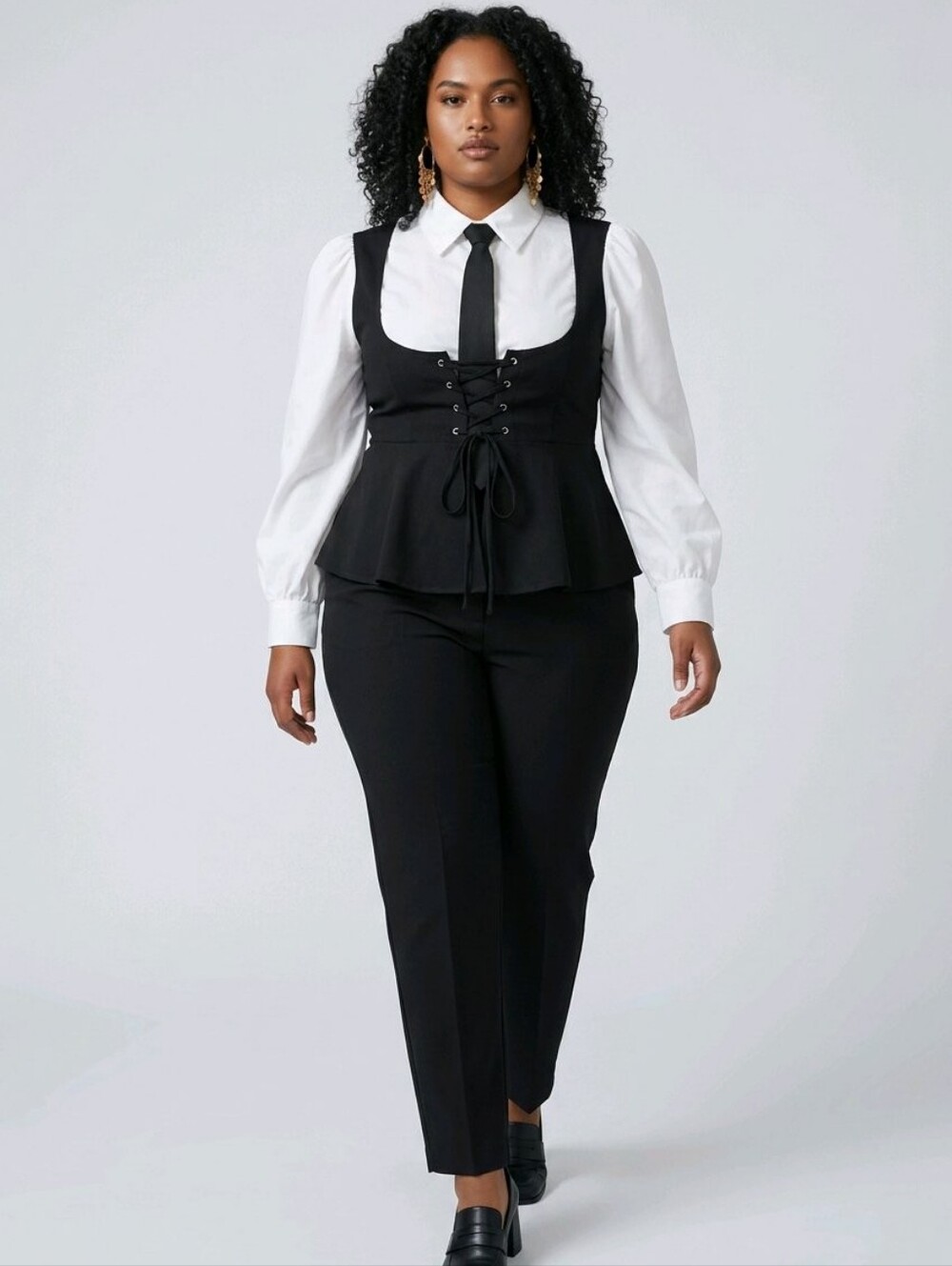 SHEIN 0XL Black & White Layered Corset Tie Preppy Blouse